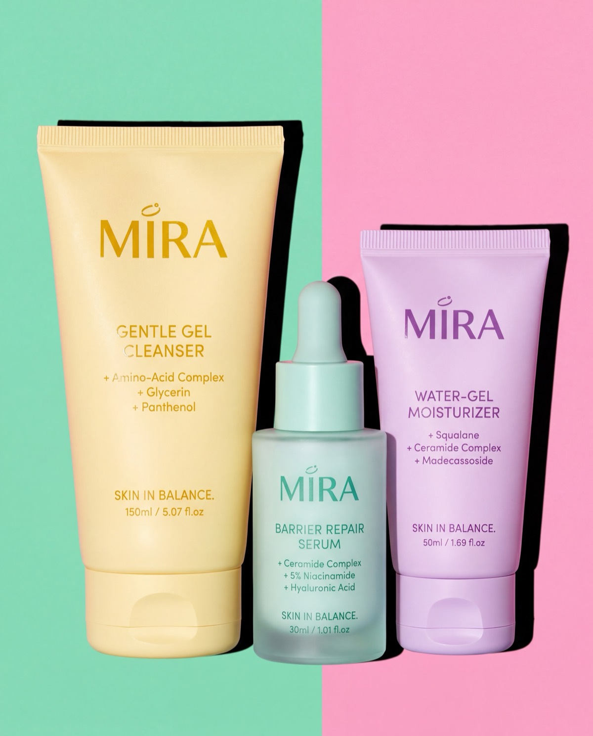 Mira Skin cleanser, serum, and moisturizer on a split pastel ground