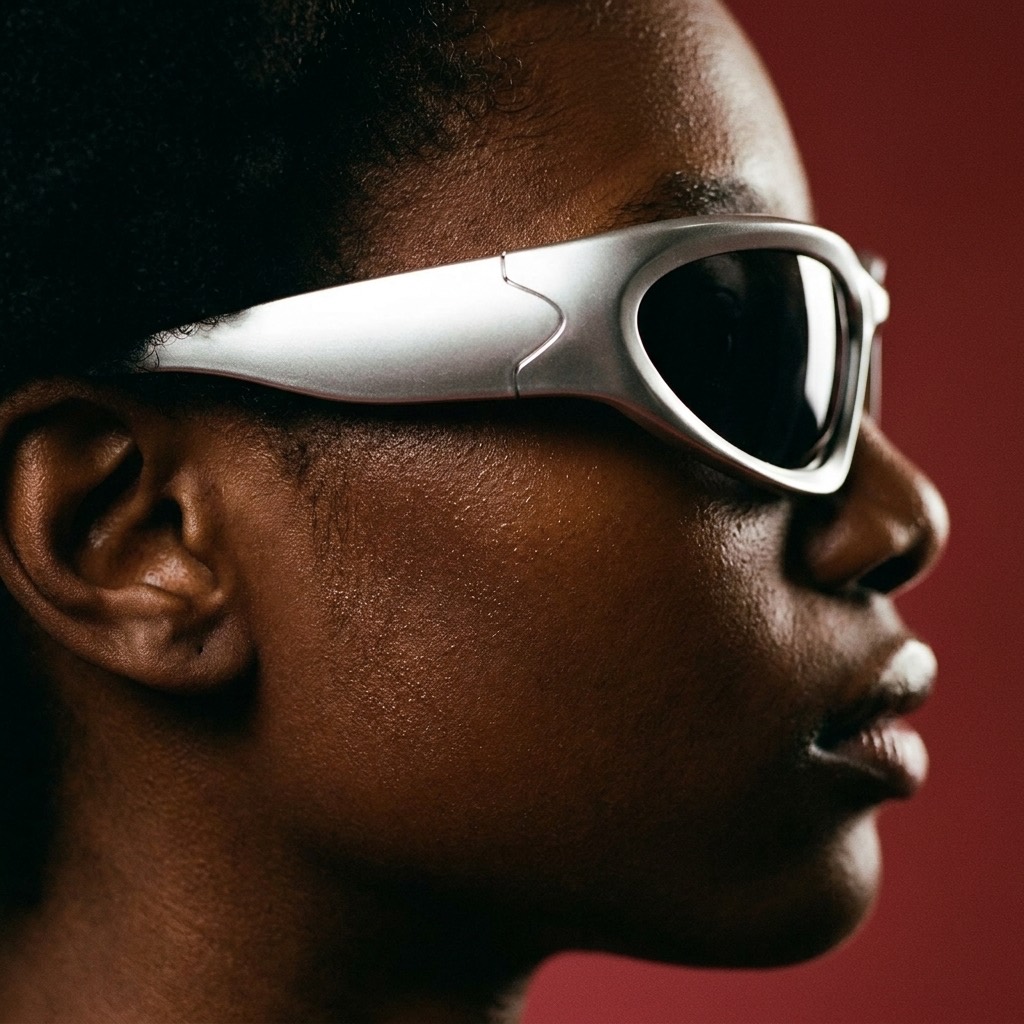 Profile portrait wearing silver G7 wraparound sunglasses against oxblood red
