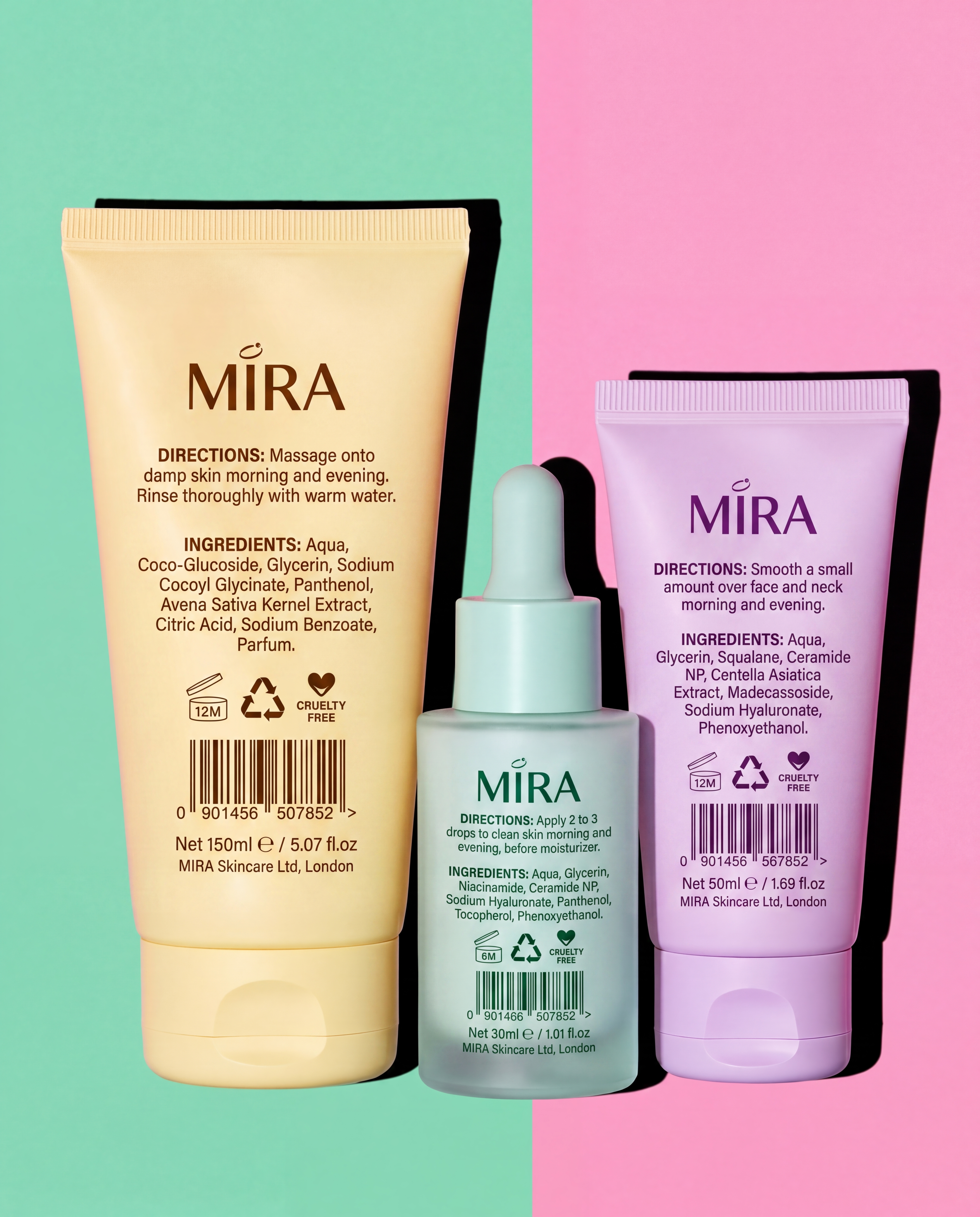 Mira Skin product trio, back view