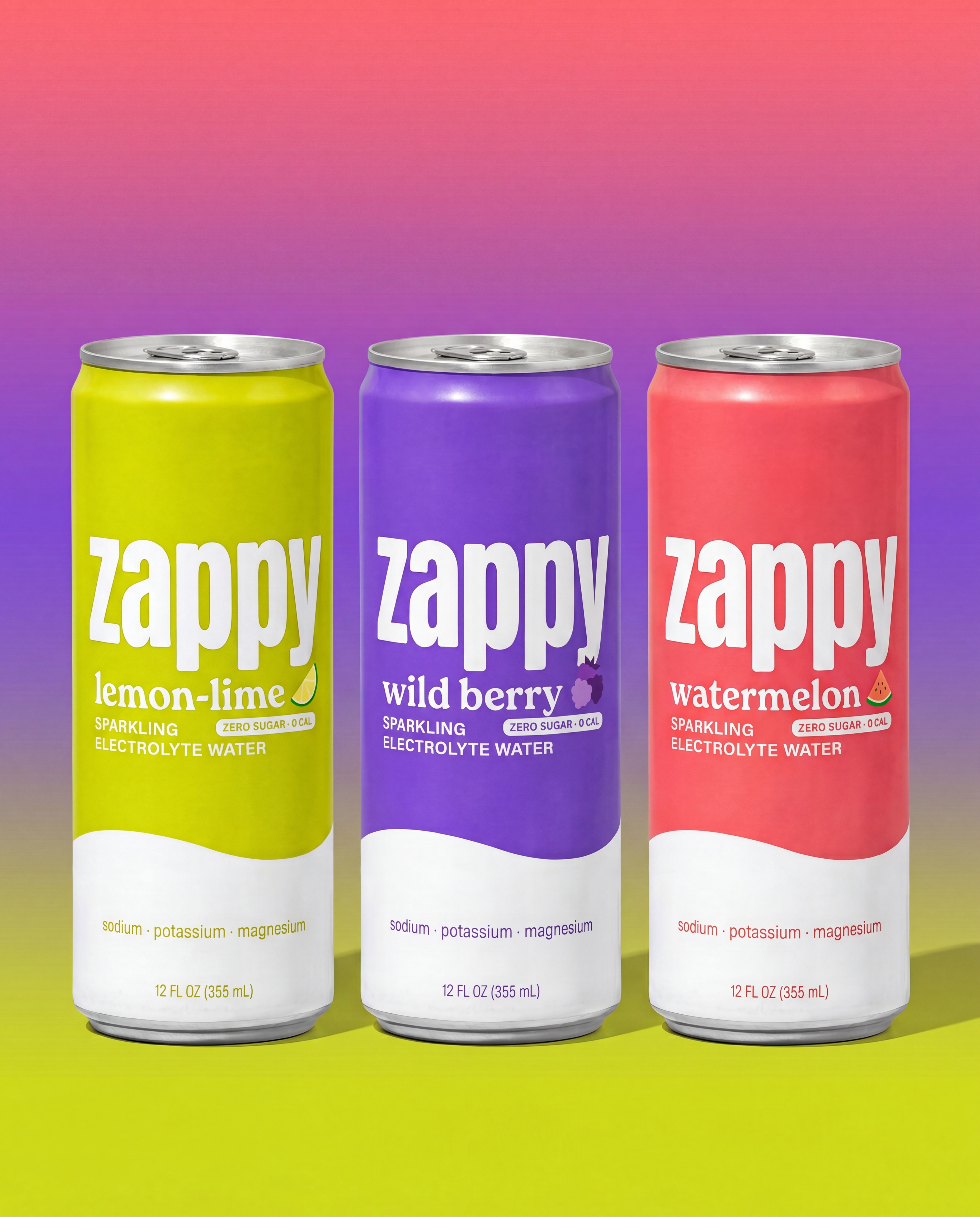 Three Zappy cans on a colour gradient