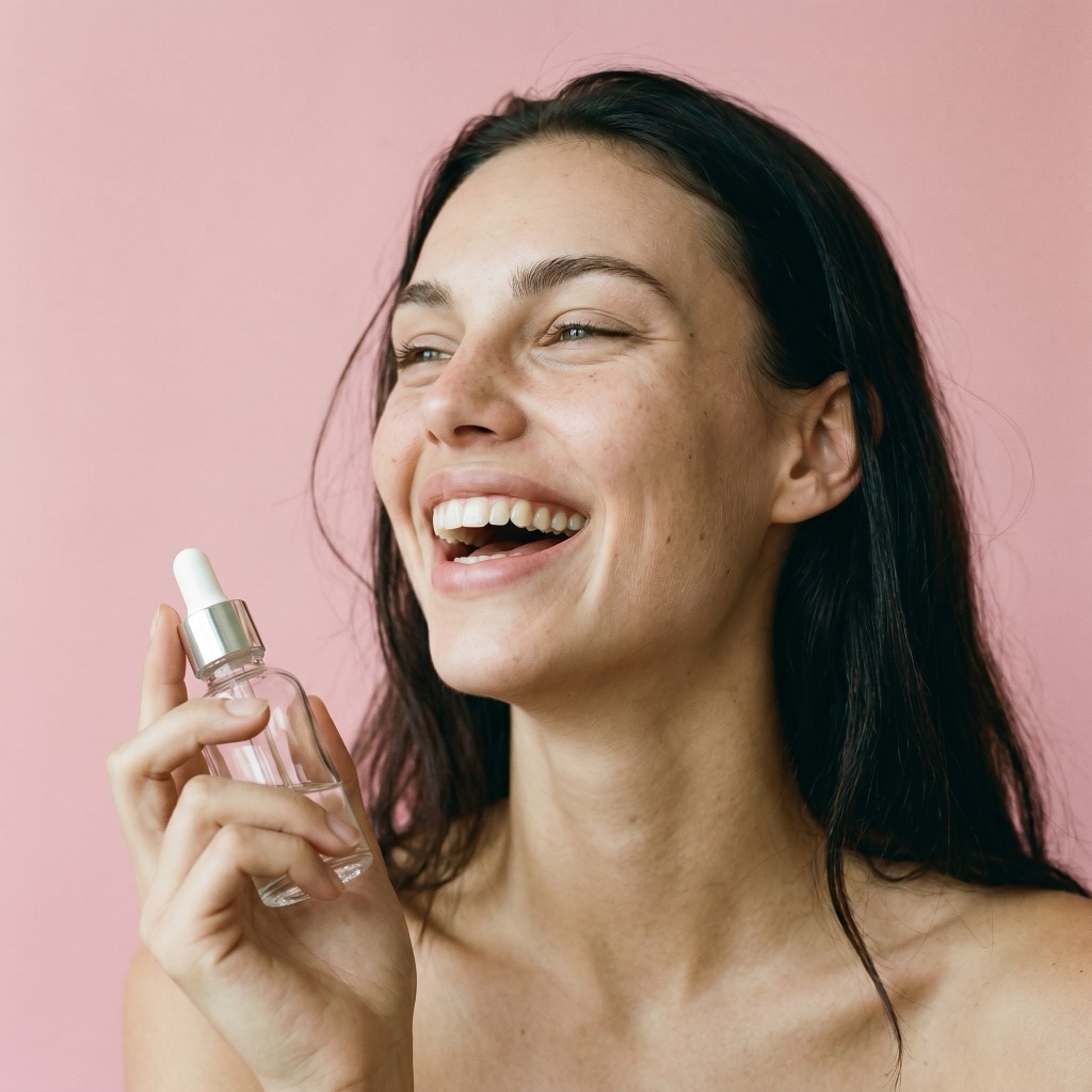 Halver hero — model laughing while holding the dropper bottle against a pink studio backdrop
