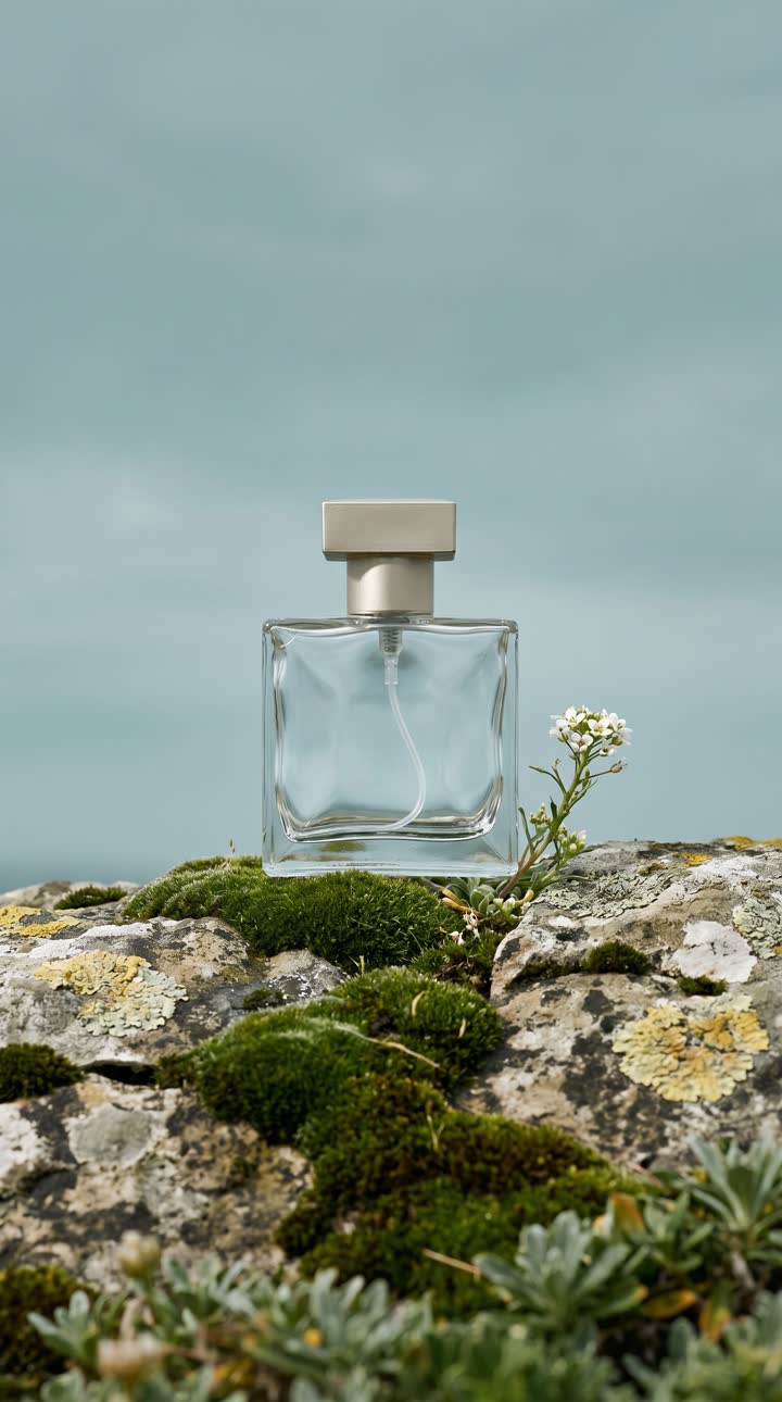 Hero — glass perfume flacon on a mossy rock with the Atlantic behind
